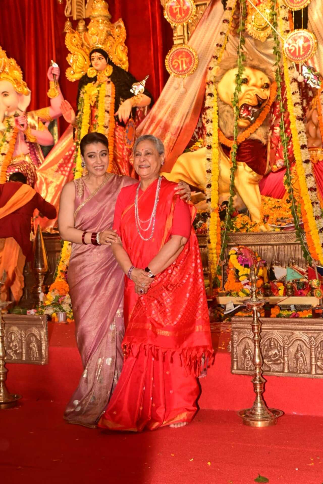 Kajol and Jaya Bachchan were seen sharing a hearty laugh at the North Bombay Sarbojanin Durga Puja pandal. 
